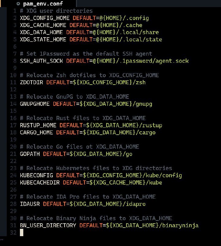 给想清理 $HOME 的人一些建议：有些程序，比如 tmux，曾今是把配置放在 ~/.tmux.conf 但是现在也支持放进 $XDG_CONFIG_HOME/tmux. 这样的程序最方便直接搬进 ~/.config 就行还有一些程序虽然不支持 XDG 路径，比如 Zsh 和 IDA Pro，但是支持通过环境变量设置文件目录；这样的程序可以通过在 /etc/profile.d 或者 /etc/security/pam_env.conf 设置环境变量来改目录；我一般用 pam_env.conf 因为比起跑一堆脚本我更喜欢静态配置文件至于为什么不用 /etc/environment 是因为这些环境变量里有动态的用户名查看某个程序是否支持 XDG 目录最方便快捷的方式是看这个 Arch Wiki：