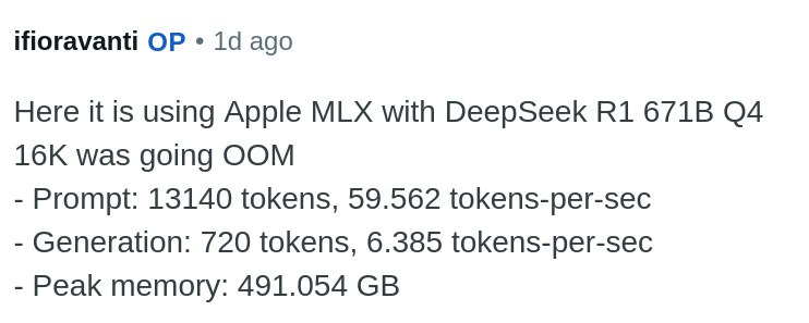 为什么又聊到Mac跑LLM是行为艺术，因为Apple最近又开始吹一些非常不实际的应用场景(官网声称支持>600B LLM)，还有一群KOL真的出来测DS 671B跑出将近20t/s但是实际情况呢？刚开始确实可以接近20 t/s，但reasoning非常吃上下文长度