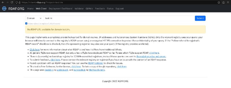 之前发现 WHOIS 退役的时候我就把 whois 命令卸载了转而用 RDAP 查询，因为 whois 查询不到没有 WHOIS 服务器的域名，但是几个 RDAP 服务都有一些问题，比如：ICANN Lookup (