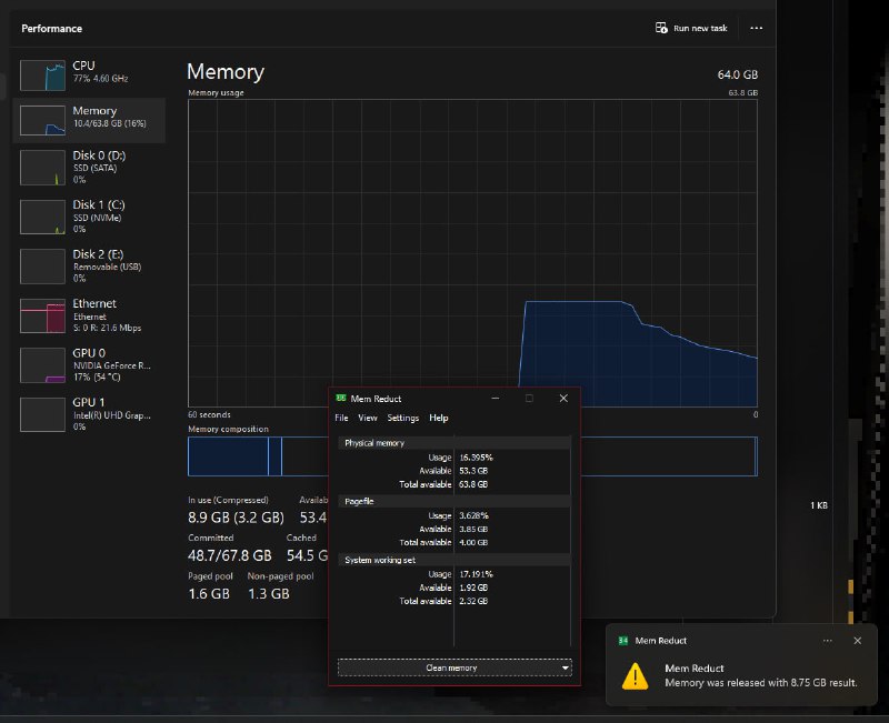 今天偶然间看到 Mem Reduct 这个软件，用没有公开的 API 清理系统的缓存、working set、standby page lists 之类的来真•电脑管家的清理内存，而且效果非常明显（就是不知道会对系统性能有什么样的影响，确实能大幅减少 RAM 占用就是了）虽然我手上包括笔记本就没有 RAM 少于 64G 的设备可能用处不大，不过还是 bookmark 一下说不定啥时候爆内存需要避免 swap 的时候就用上了值得一提的是这软件居然是纯 C 和 Win32 API 写的，一共才 387 KB，太性感了；这作者其他软件也都这风格，得学一下看看