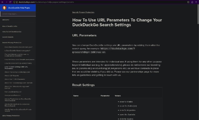 用 DuckDuckGo 搜索东西的时候突然想看看它的搜索页面设置是怎么存的，然后进 local storage 扒的时候发现了一个文档 URL