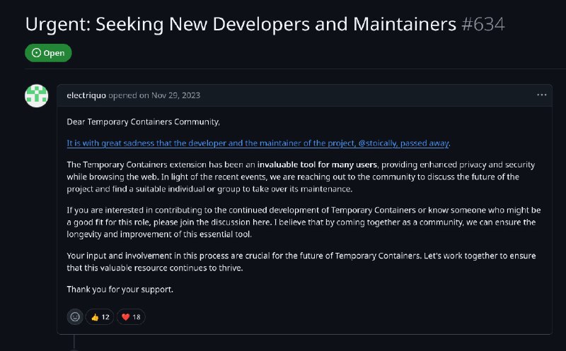 wtf temporary container 的作者去世了！？我说怎么这么多年没更新还以为只是弃坑了RIP