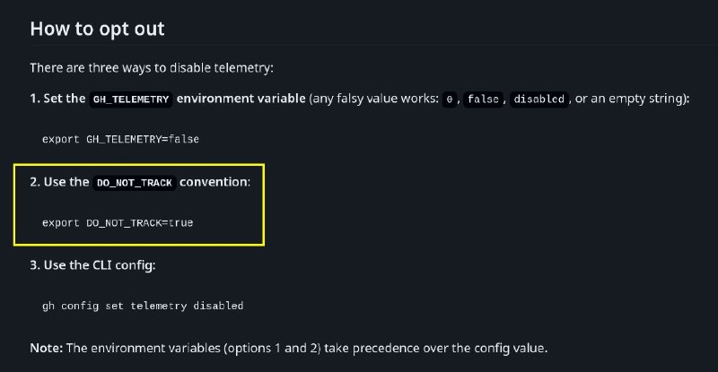 最近 GitHub CLI 不是默认开启遥测数据了，我看文档的时候发现这么个开关才知道还有 DO_NOT_TRACK 这个标准 envar（虽然并不是所有工具都尊重这个标准）即刻添加进 /etc/environment