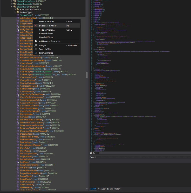 还记得 16, 17 年那会儿 YandereSim 挺出名的，我第一次看 YandereSim code review 的时候还不会逆向 Unity 游戏，也就跟着看了个热闹今天看 C# 的时候突然没有什么理由就想起来这事，都说 yanderedev 代码烂出天际，我就下了一份游戏看看…然后发现传说是对的打开一个比较重要的 class，这个 MonoBehaviour 里有惊人的 980 个 field（却只有 8 个 property） 和 171 个 method；所有学生的所有 routine 全部塞进一个 9199 行的 method 里；到处都是硬编码的 ID, index 和 edge case…读起来太有娱乐效果了，我随便贴几段上来，推荐自己去读读看🤣P.S. 如果要说什么游戏的代码写的比较好的话，GHPC 的代码挺好的，该有的抽象、状态、回调什么的运用的都挺好，看完 YandereSim 可以去洗洗眼睛还记得 16, 17 年那会儿 YandereSim 挺出名的，我第一次看 YandereSim code review 的时候还不会逆向 Unity 游戏，也就跟着看了个热闹今天看 C# 的时候突然没有什么理由就想起来这事，都说 yanderedev 代码烂出天际，我就下了一份游戏看看…然后发现传说是对的打开一个比较重要的 class，这个 MonoBehaviour 里有惊人的 980 个 field（却只有 8 个 property） 和 171 个 method；所有学生的所有 routine 全部塞进一个 9199 行的 method 里；到处都是硬编码的 ID, index 和 edge case…读起来太有娱乐效果了，我随便贴几段上来，推荐自己去读读看🤣P.S. 如果要说什么游戏的代码写的比较好的话，GHPC 的代码挺好的，该有的抽象、状态、回调什么的运用的都挺好，看完 YandereSim 可以去洗洗眼睛
