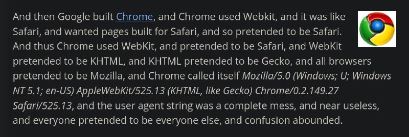 今天更新浏览器 UA 的时候好奇为什么现在每个 UA 前缀都是 Mozilla/5.0，查了一下发现里面故事还挺多的，分享一篇文章是不是有点暴露年龄