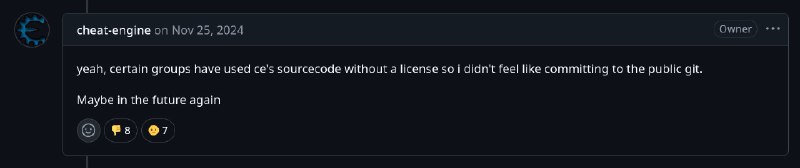 我疑惑了有一段时间了为什么 Cheat Engine 7.6 的源码一直没推上 GitHub，今天去仔细搜了一下才发现