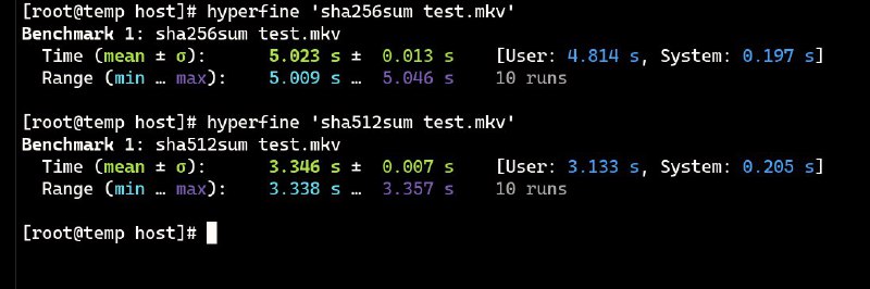 上周末在研究加密和签名，这周末在玩 hash，发现一个之前没怎么注意过的问题，我一直凭直觉感觉 SHA-256 会比 SHA-512 快，但实际上在 64-bit 系统上（在一定内存/文件大小等前提下）SHA-512 是会更快的SHA-512 has 25% more rounds than SHA-256. On a 64-bit processor each round takes the same amount of operations, yet can process double the data per round, because the instructions process 64-bit words instead of 32-bit words. Therefore, 2 / 1.25 = 1.6, which is how much faster SHA-512 can be under optimal conditions.