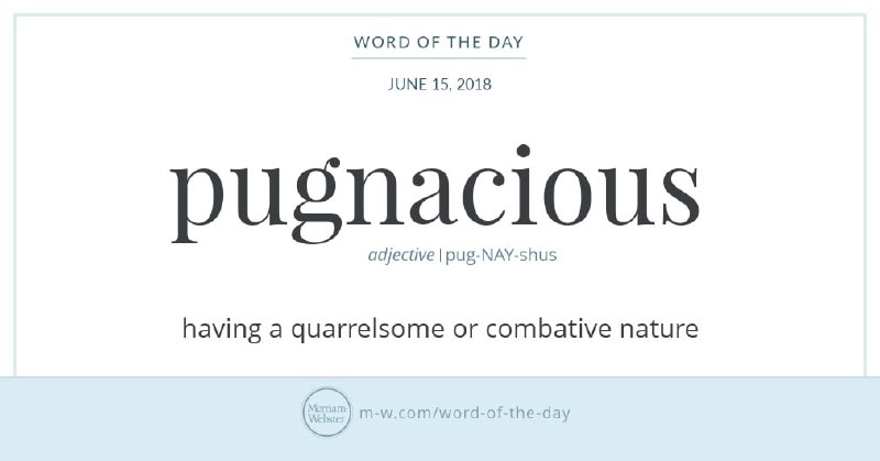 pugnacious爱争吵的，好斗的e.g. There's one pugnacious member on the committee who won't agree to anything.这个词可以溯源到拉丁语的名词pugnus, 意思是拳头. 一方面有动词pugnare, 意思是to fight. 另一方面还有名词pugil, 意思是拳击手. 在现代英语中用来指职业拳击手的词pugilist就是来源于此.