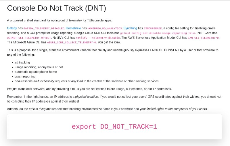最近 GitHub CLI 不是默认开启遥测数据了，我看文档的时候发现这么个开关才知道还有 DO_NOT_TRACK 这个标准 envar（虽然并不是所有工具都尊重这个标准）即刻添加进 /etc/environment
