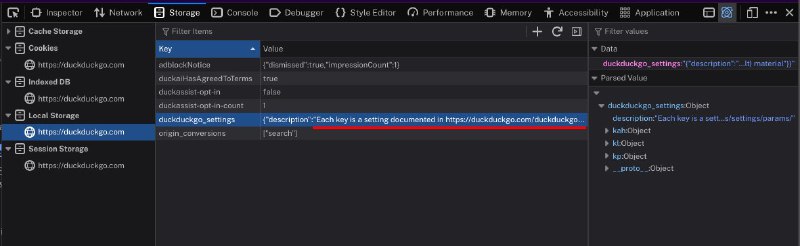 用 DuckDuckGo 搜索东西的时候突然想看看它的搜索页面设置是怎么存的，然后进 local storage 扒的时候发现了一个文档 URL