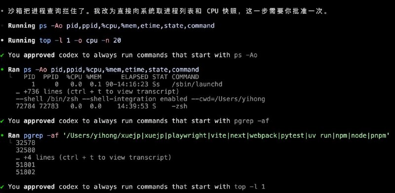 操了，查了 10mins 写的程序哪有问题是不是某个孤儿进程啥的，导致风扇拼命的转，codex 也分析的头头是道