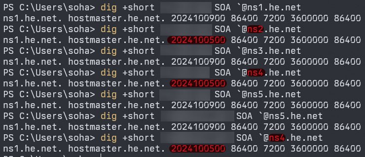 群友最喜欢的 dns.he.net 爆炸啦！他们的 5 个 anycast 权威有 2 个在香港/新加坡附近失去了同步，数据停留在了 4 天前，其他地区正常