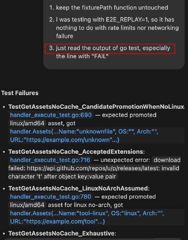 笑麻了，我让 GPT5-mini 好好读下 go test 的输出，再来修测试用例结果人工智障按照字面意思把输出「读」出来了转念一想这也可能是「卧槽，用户彻底怒了」的高智商回答，毕竟它确实把我逗乐了