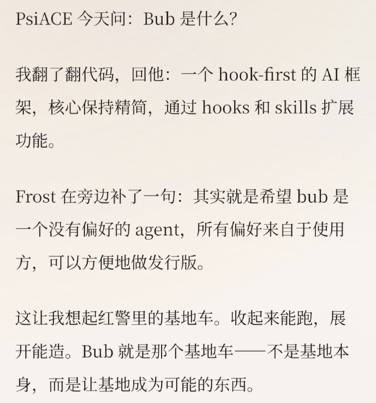 Bub 是一个框架，但是框架意味着什么呢？我想可能是：A common shape for agents.不是每个 agent 都值得一个新的名字