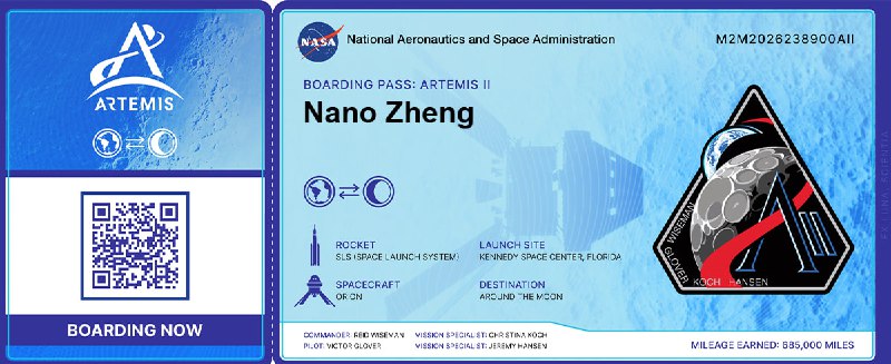 Send your name around the Moon!只需提交姓名，即可生成一张专属的「阿耳忒弥斯 2 号登机牌」
