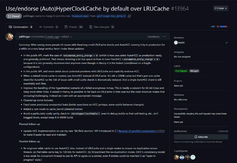 RocksDB 近两周将 block cache 的默认 cache 策略从 LRUCache 换成了 HyperClockCache ，是现代缓存范式从 lru-like 到 fifo-like 迁移的一个例证