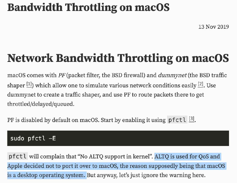 WeWork 的垃圾 Wi-Fi 带宽只有 2-3MB/s-> 只要下载稍微大一点的文件就会导致 SSH 卡到断连，很影响工作-> 打算看看怎么在 macOS 上做 QoS-> 这种事果然不是睾贵的 macOS 用户需要烦恼的-> 欣慰地死了