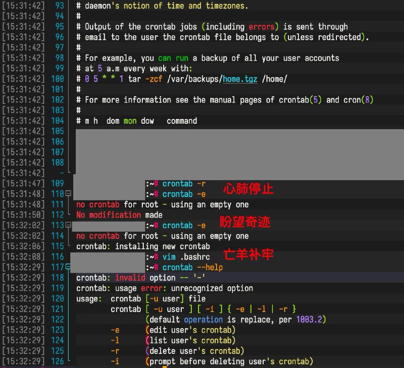 幸好习惯性先执行了一次 crontab -l 留档……说真的 crontab 的参数设置是我觉得最不合理的，表示清空的 r 键就在表示表示编辑的 e 键旁边，很容易按错而各大发行版还没有把 alias crontab='crontab -i' 做到 .bashrc 里确保开箱即用