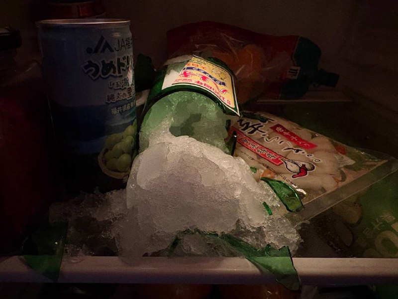 野菜室においた梨のサイダーが爆発してた北京に何年も住んでるけど、こういうのは初めてだ💦今年はマジでやばいっすね放在冷藏室的梨汁汽水被冻爆了…我在北京也住了好几年了这种事真的是头一回见，看起来我不在北京的这段时间侥幸躲过了一场气候浩劫🥶