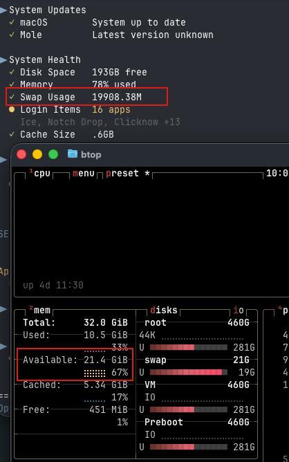 8G=16G，同理 16G=32G 之经典不等式：放着 21GB 物理内存不用，跑去创建了 19GB 的交换内存，搞得浏览器里打开 Finder 选择文件上传打印机都卡死